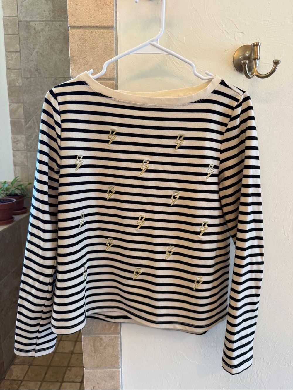 Betsey Johnson Black & White Striped Long Sleeve Top with Gold Lightning Bolts